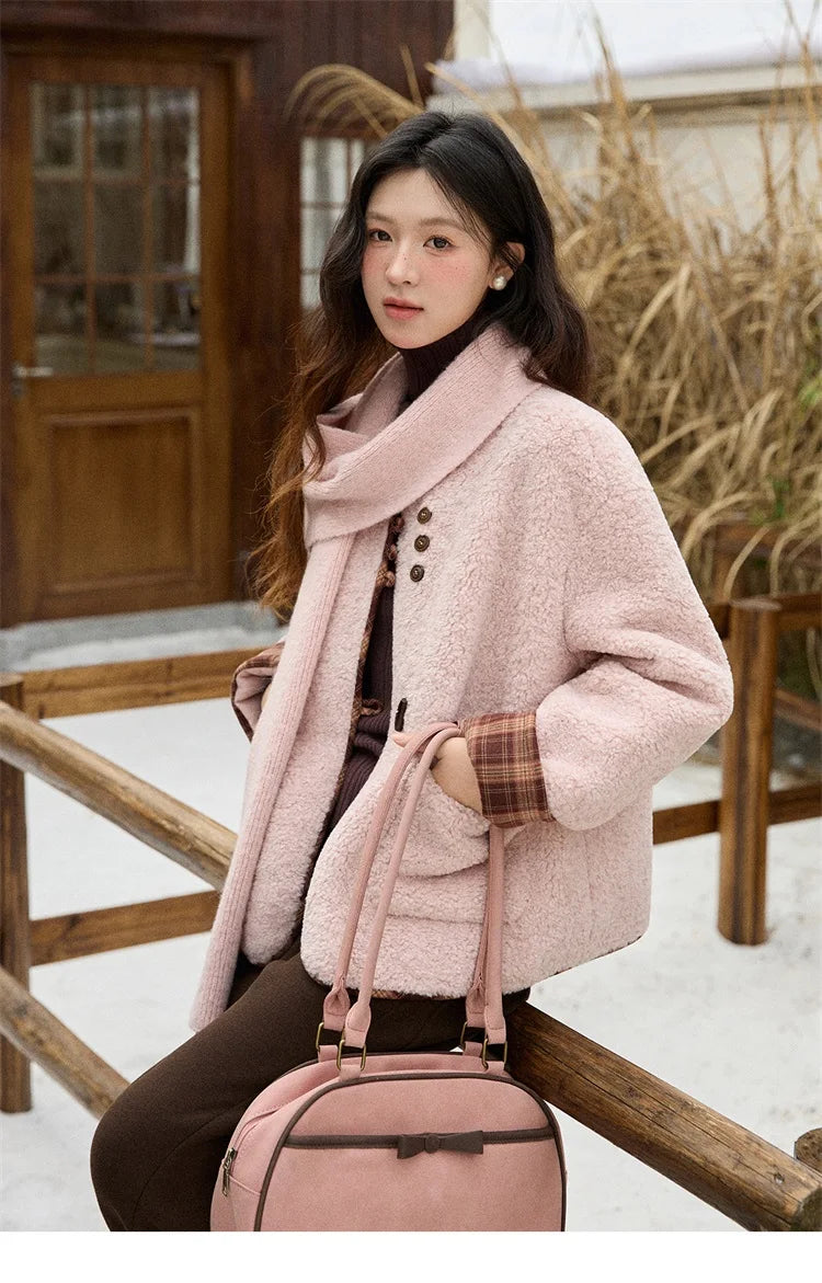 Mishow Plaid Patchwork Lamb Wool Round Neck Coat MXE90W0923
