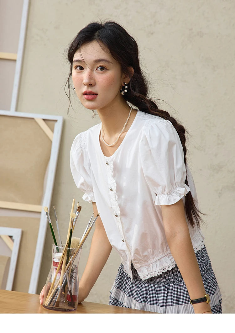 MISHOW Lace Puff Sleeve Shirt Flower Buttons Hem Elastic MXE34X1820