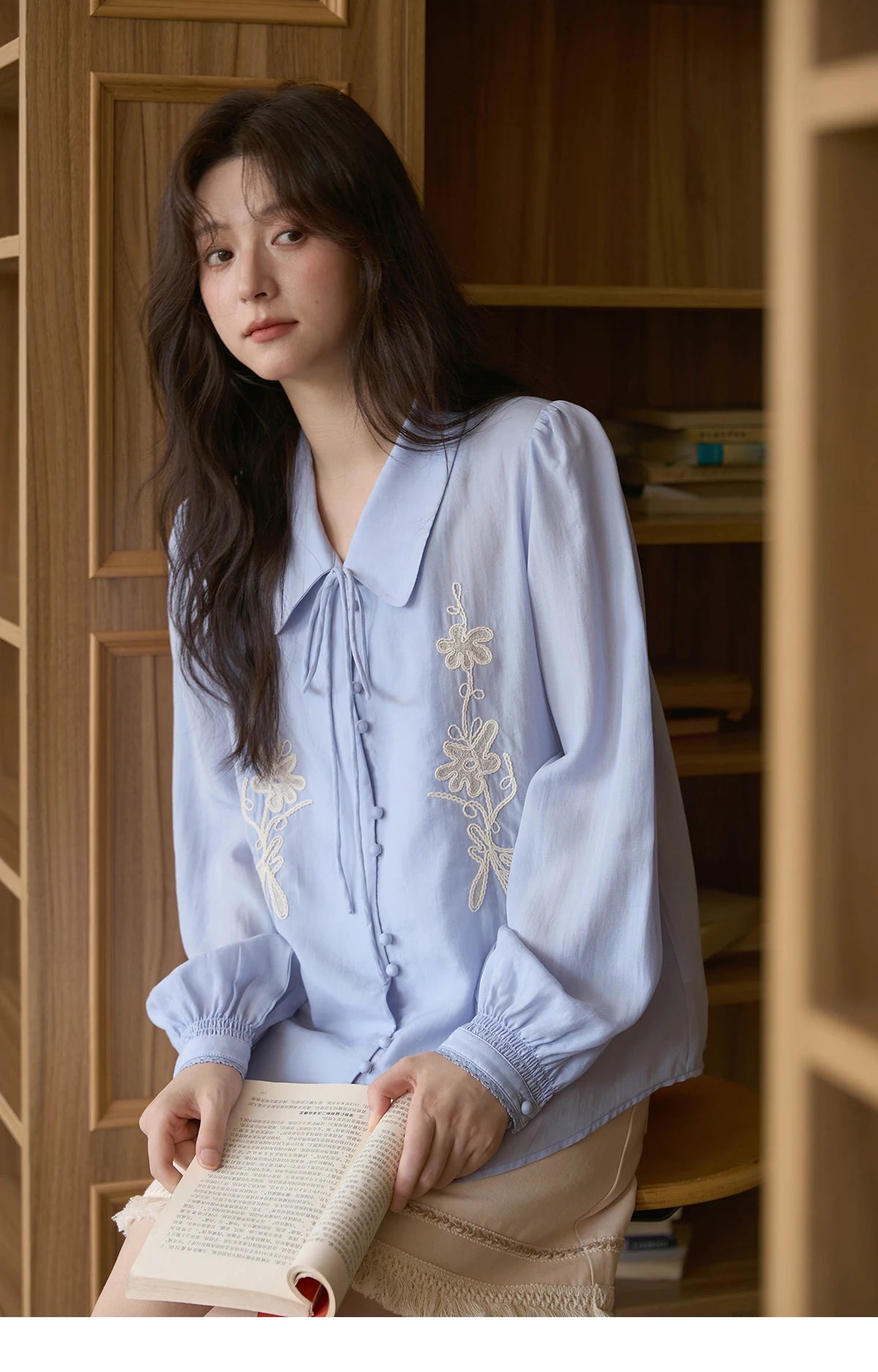 MISHOW Lyocell T-Shirt Flower Embroidered Puff Sleeves Lace-Up MXE42C2371