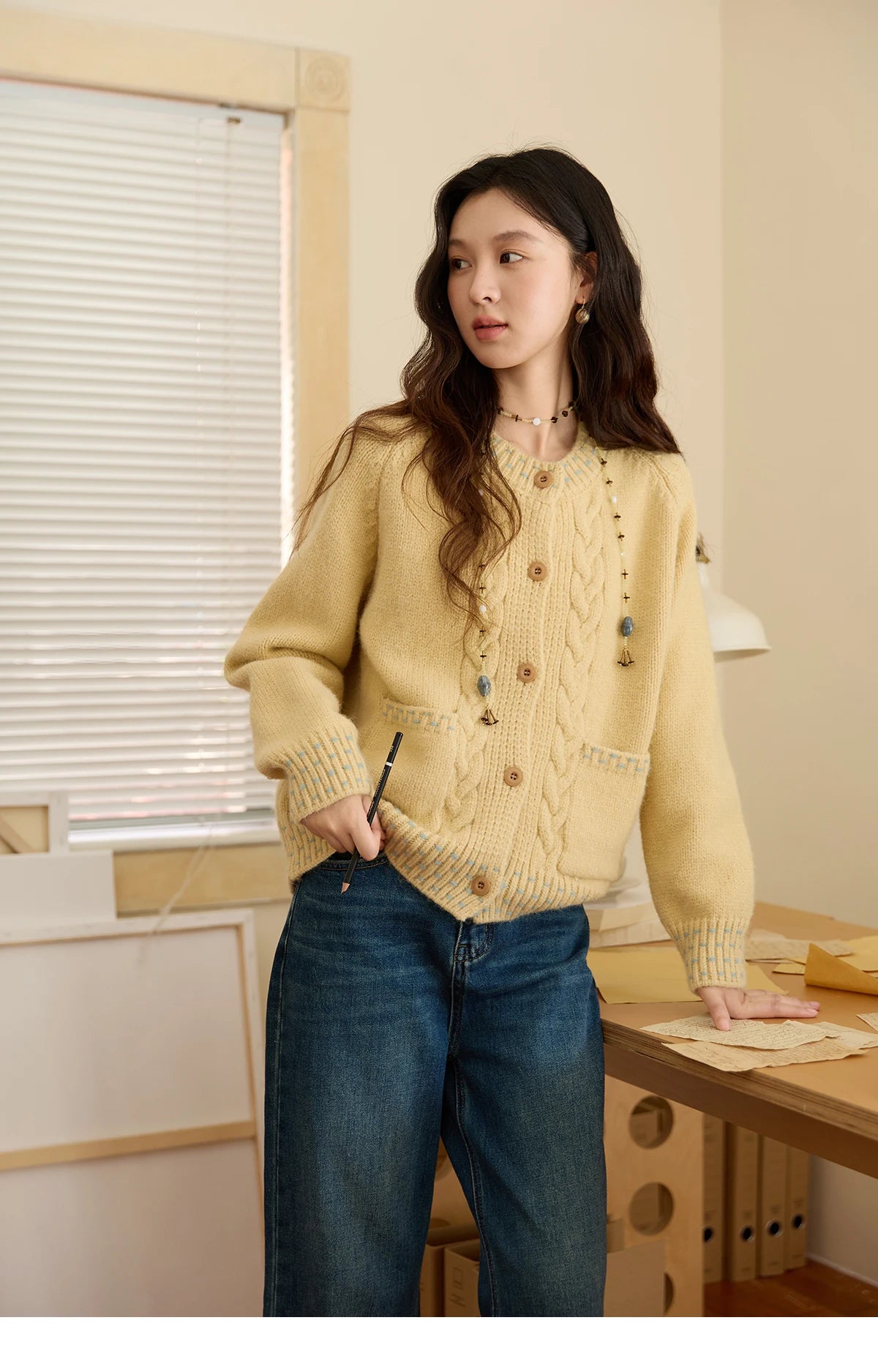 Mishow Yellow Cable Knit Hand-Drawstring Cardigan MXE47Z2566