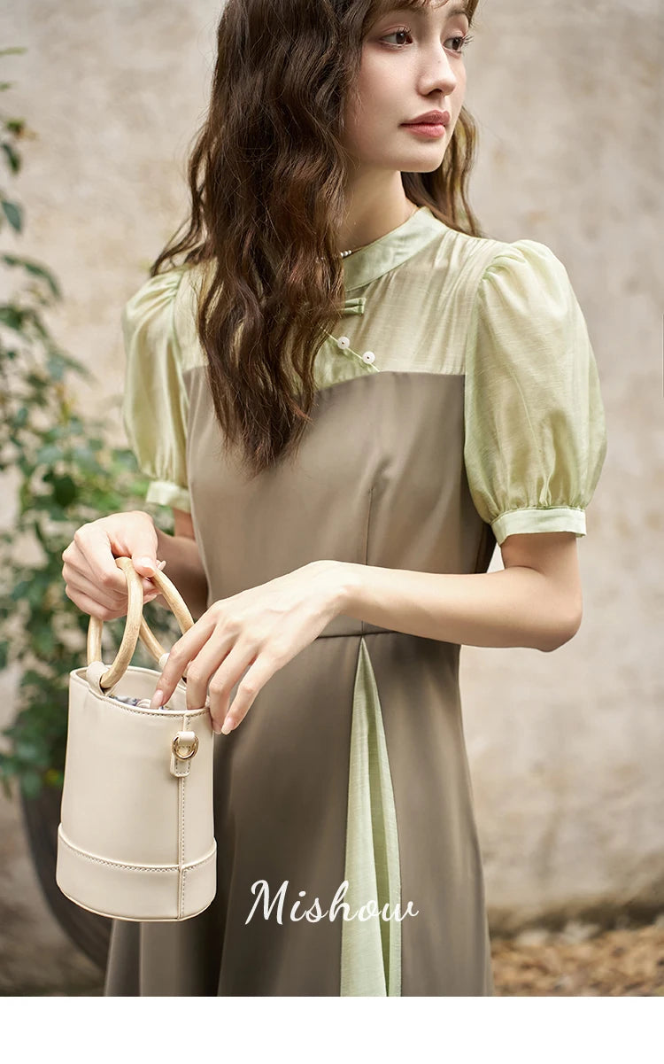 Mishow Chinese Style Puff Sleeve Fake Two-Piece Dress MXC35L1354