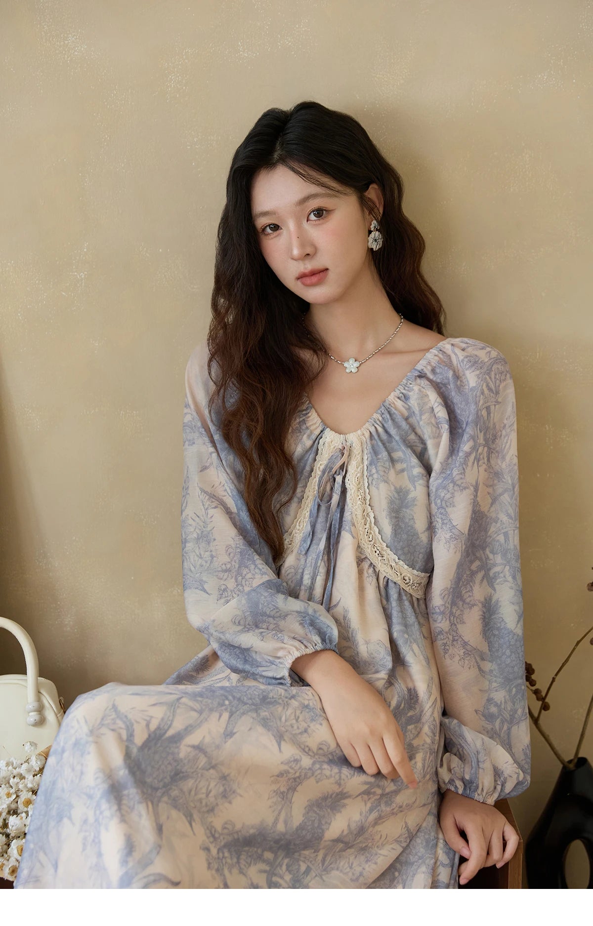Mishow Blue Floral Lace Panel Drawstring Dress MXE45L2507