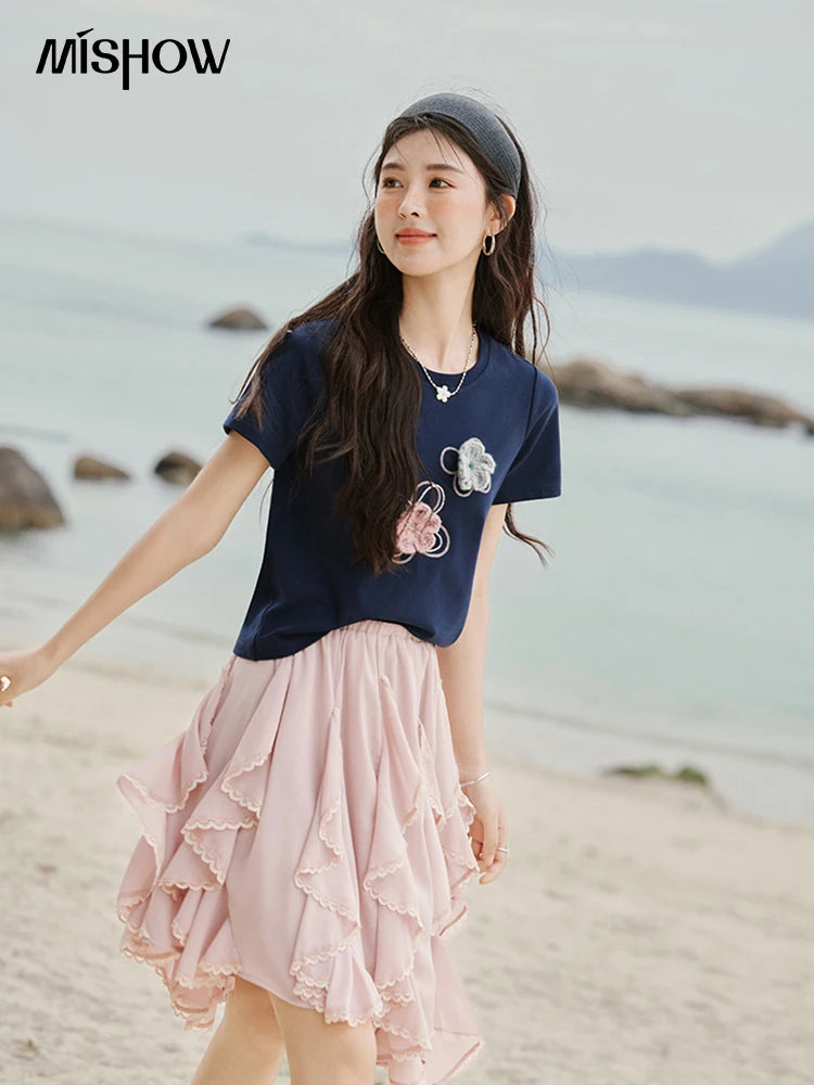 Mishow Flower Beaded Round Neck Tee MXE33T0499