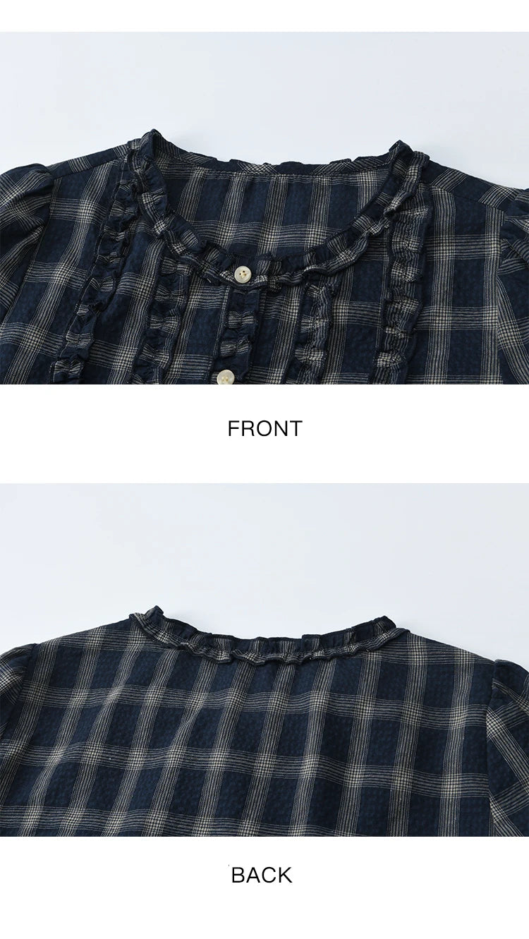 MISHOW Vintage Blue Plaid Shirt Round Neck Loose MXE45X2480
