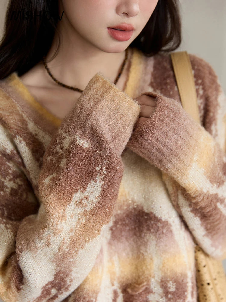Mishow Yellow Coffee Gradient V-Neck Cable Knit Sweater MXE51Z2627