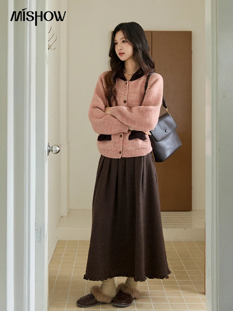 Mishow Pink Contrast Collar Bow Pocket Cardigan MXE94Z2957