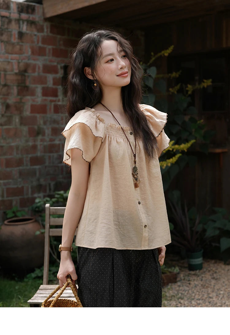 MISHOW Butterfly Sleeve Blouse Square Neck Button Loose MXE37X1854