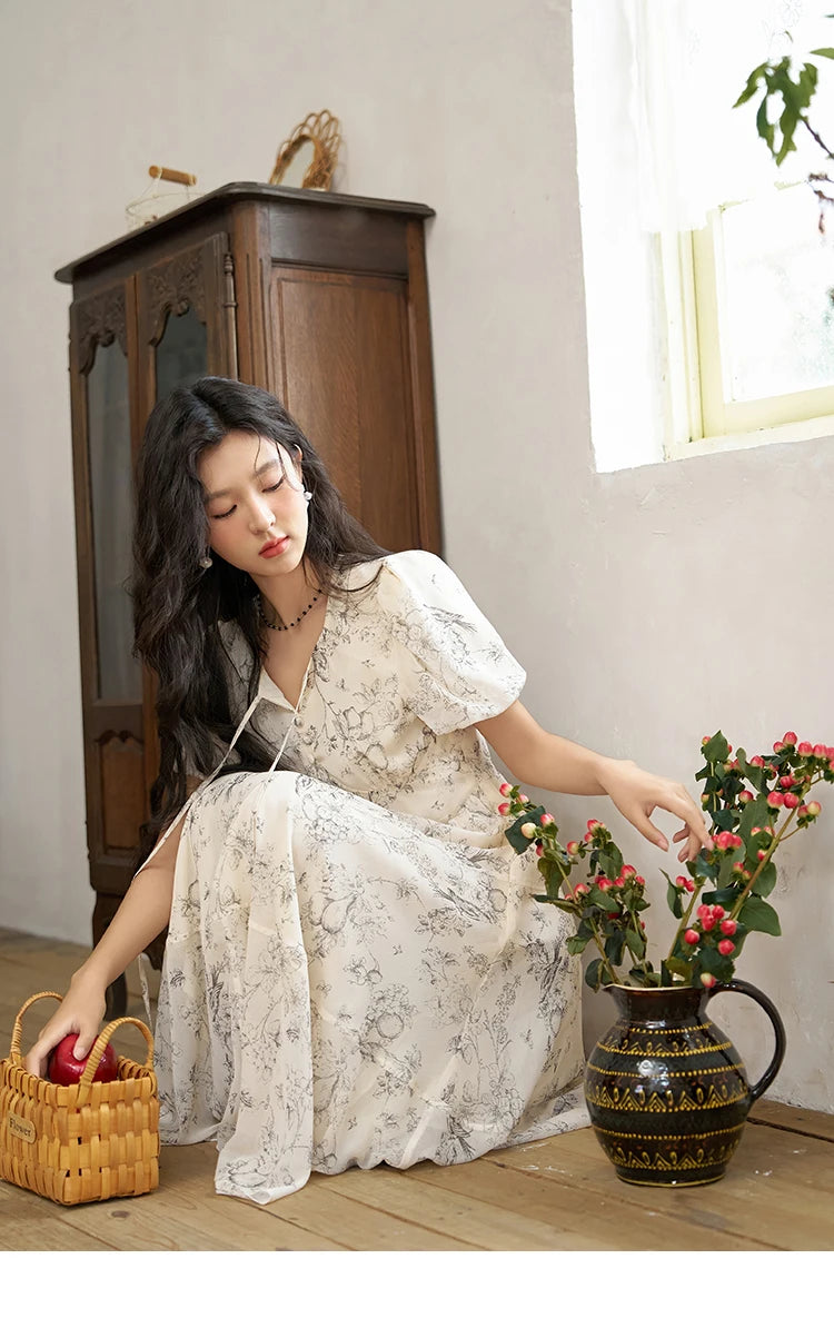 MISHOW Floral Print Lace-Up Chiffon Dress MXD27L1841