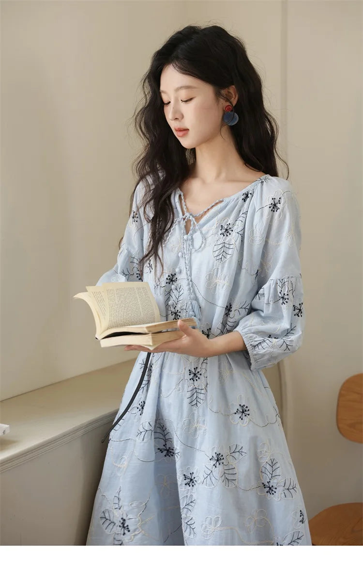 MISHOW Blue Flower Embroidered Lantern Sleeve Dress MXE42L2493