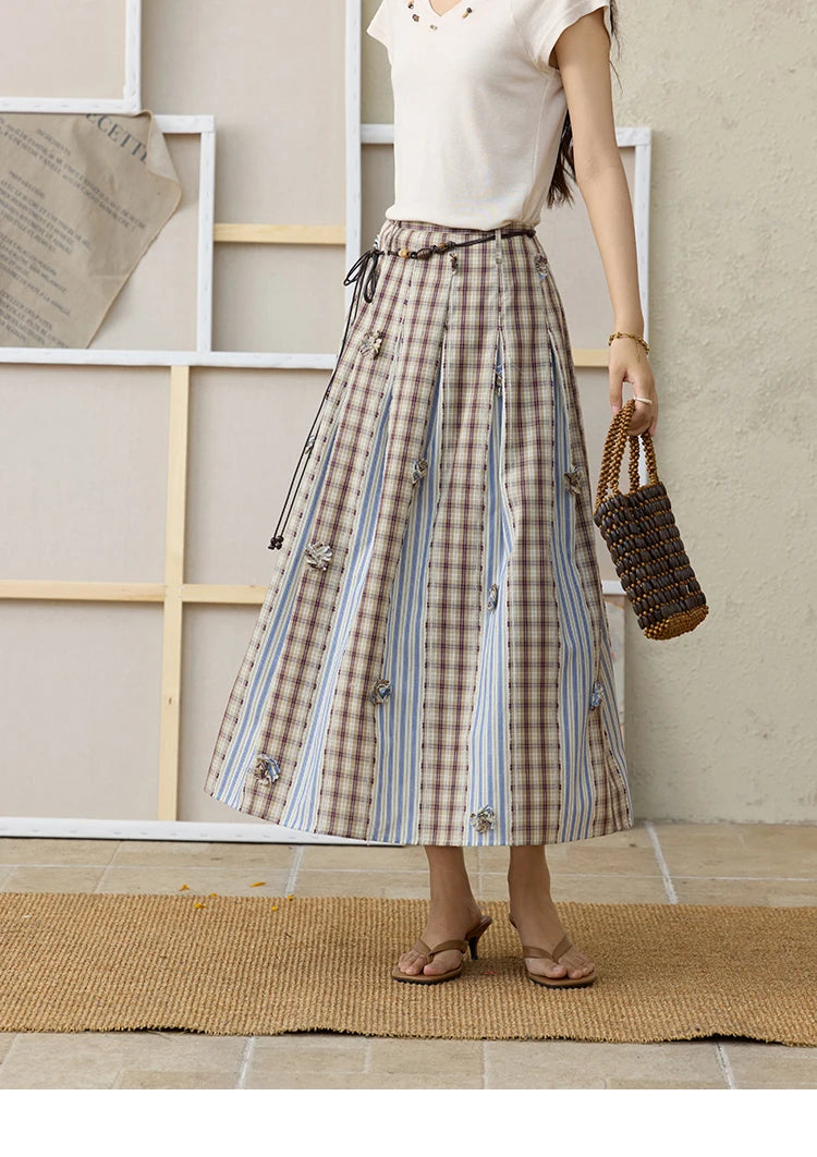 MISHOW Retro Plaid Patchwork Pleats Skirt A-LINE Slim MXE35B0726