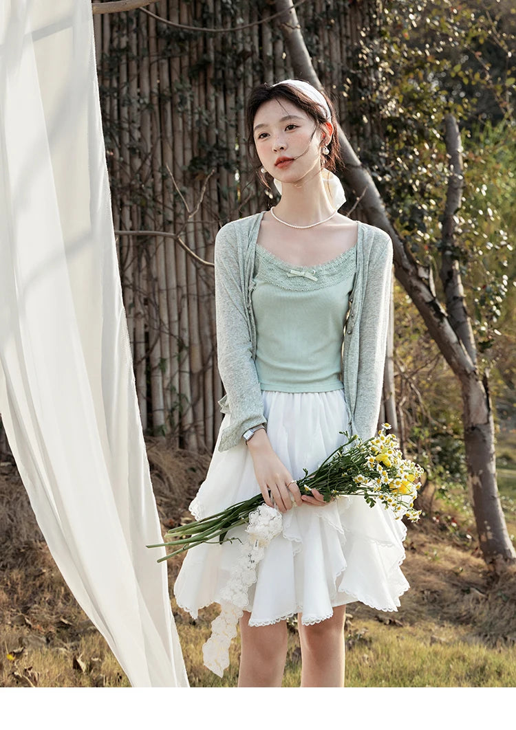 Mishow Light Green Lace Bow Camisole & Cardigan Set MXE15T0504