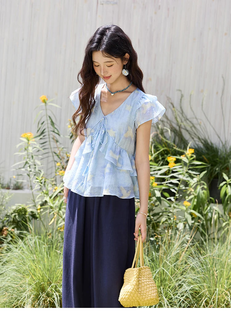 MISHOW Women's Blue Double-Layer Ruffled Linen V-Neck Blouse MXE33X1819