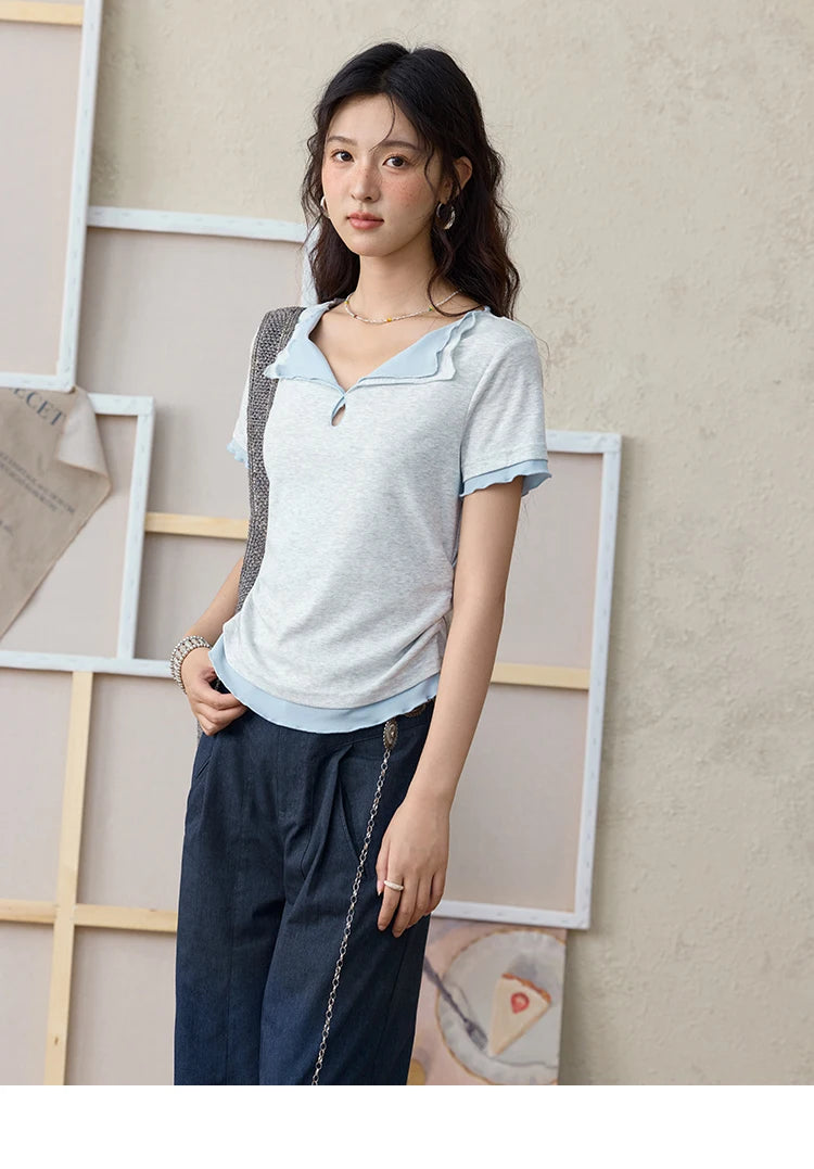 Mishow Grey Blue Fake Two-Piece Wavy Edge Tee MXE35T0567