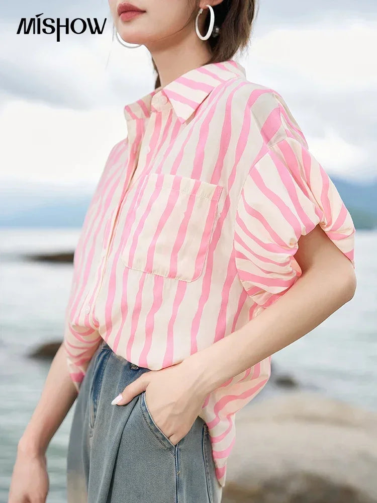 MISHOW Women's Striped Puff Sleeve Polo Neck Shirt MXC38C0072