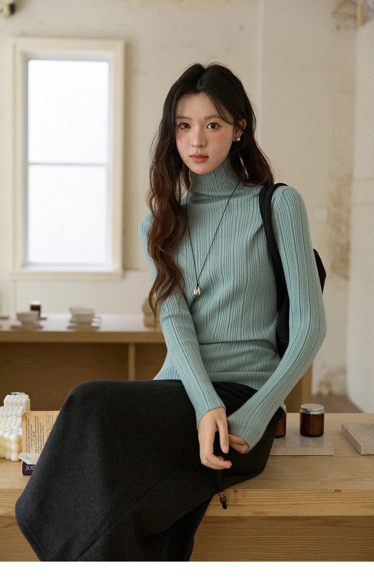 Mishow Solid Turtleneck Vertical Ribbed Slim Top MXE86Z2656