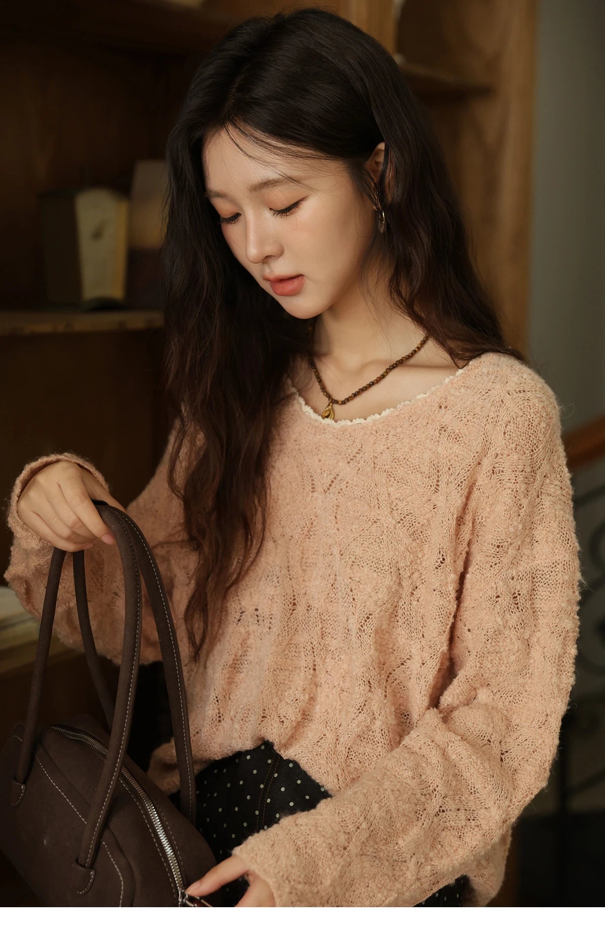 Mishow Bamboo Loop Yarn Hollow V-Neck Lace Sweater MXE43Z1349