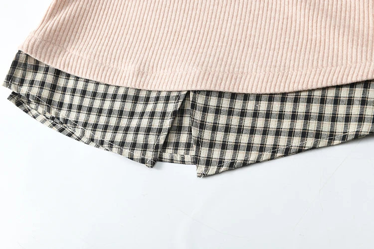 Mishow Plaid Splicing Fake Two-Piece Top MXE13Z1108