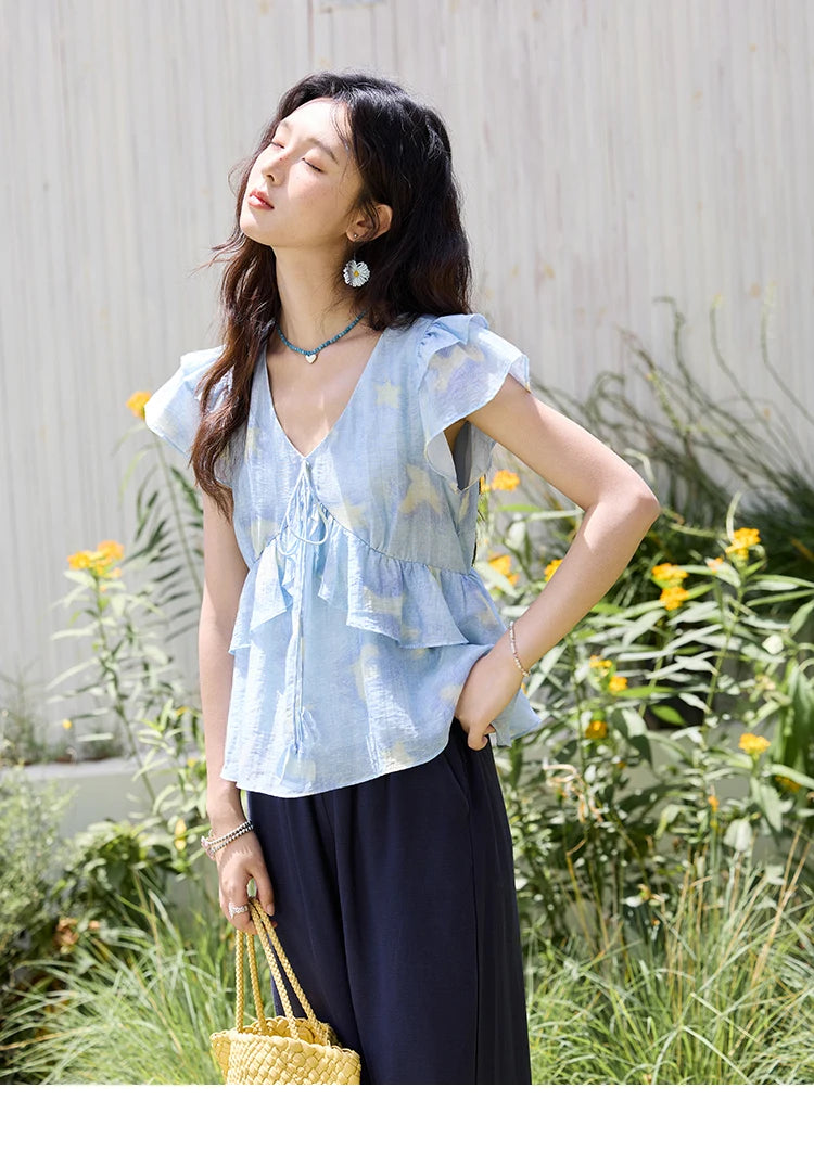 MISHOW Women's Blue Double-Layer Ruffled Linen V-Neck Blouse MXE33X1819