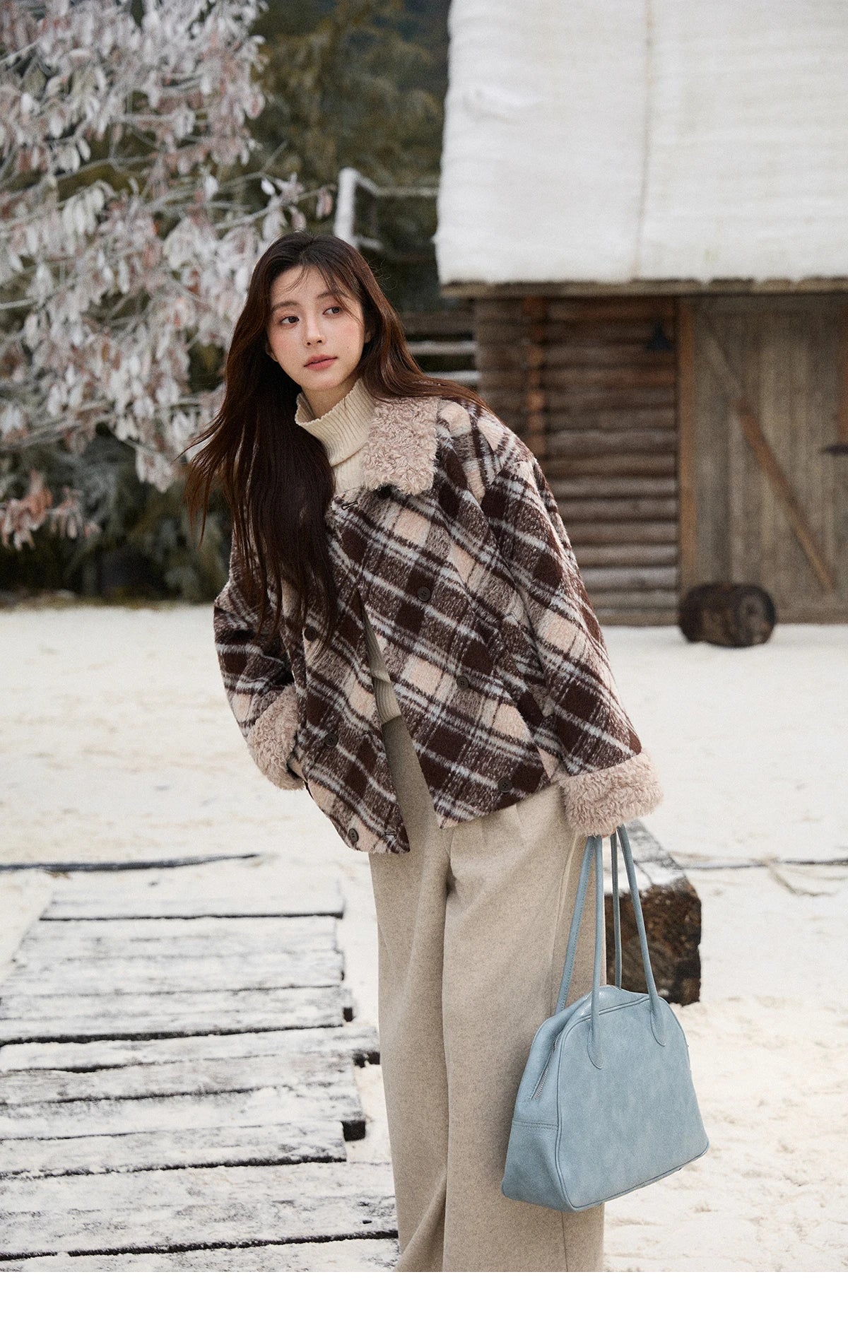 Mishow Retro Plaid Turn-Down Collar Wool Blend Jacket MXE89W0904