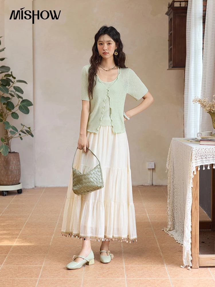 Mishow Mint Green Fake Two-Piece Short Sleeve Cardigan MXE36Z1286