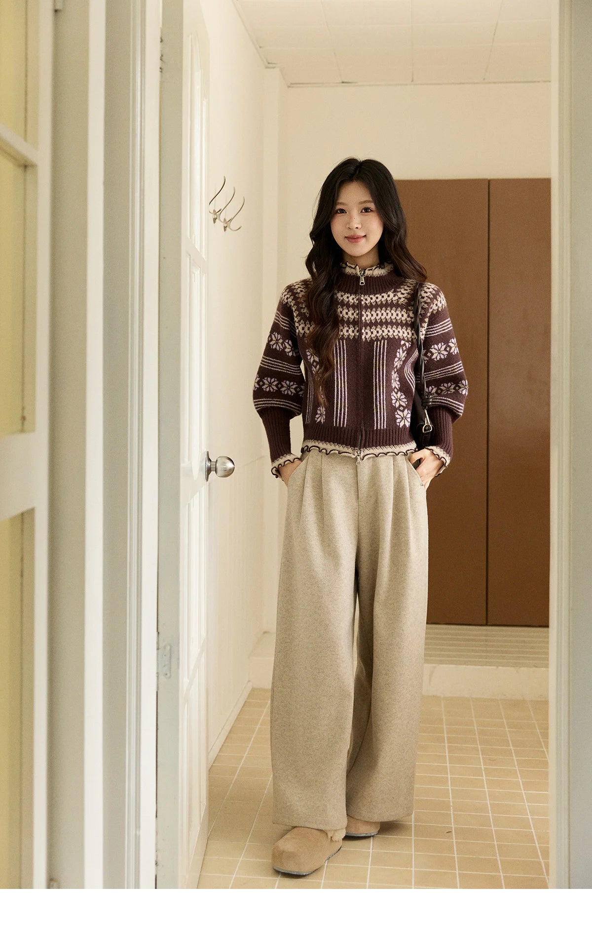 Mishow Brown Fair Isle Lantern Sleeve Zipper Top MXE91Z2868
