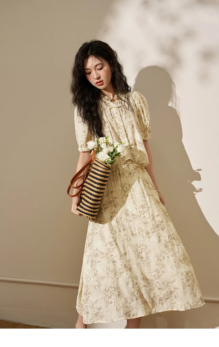 Mishow Chinese Embroidered Puff Sleeve Top & A-Line Skirt Set MXD24X1405