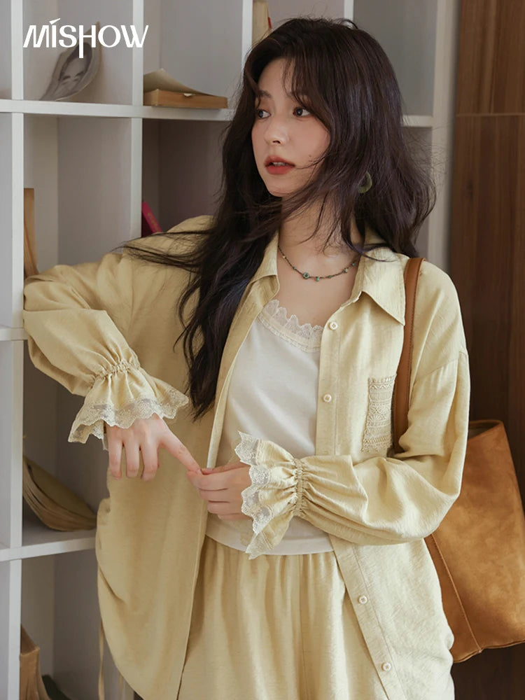 Mishow Yellow Linen Lace Shirt & Camisole & Shorts Three-Piece Set MXE42T0718