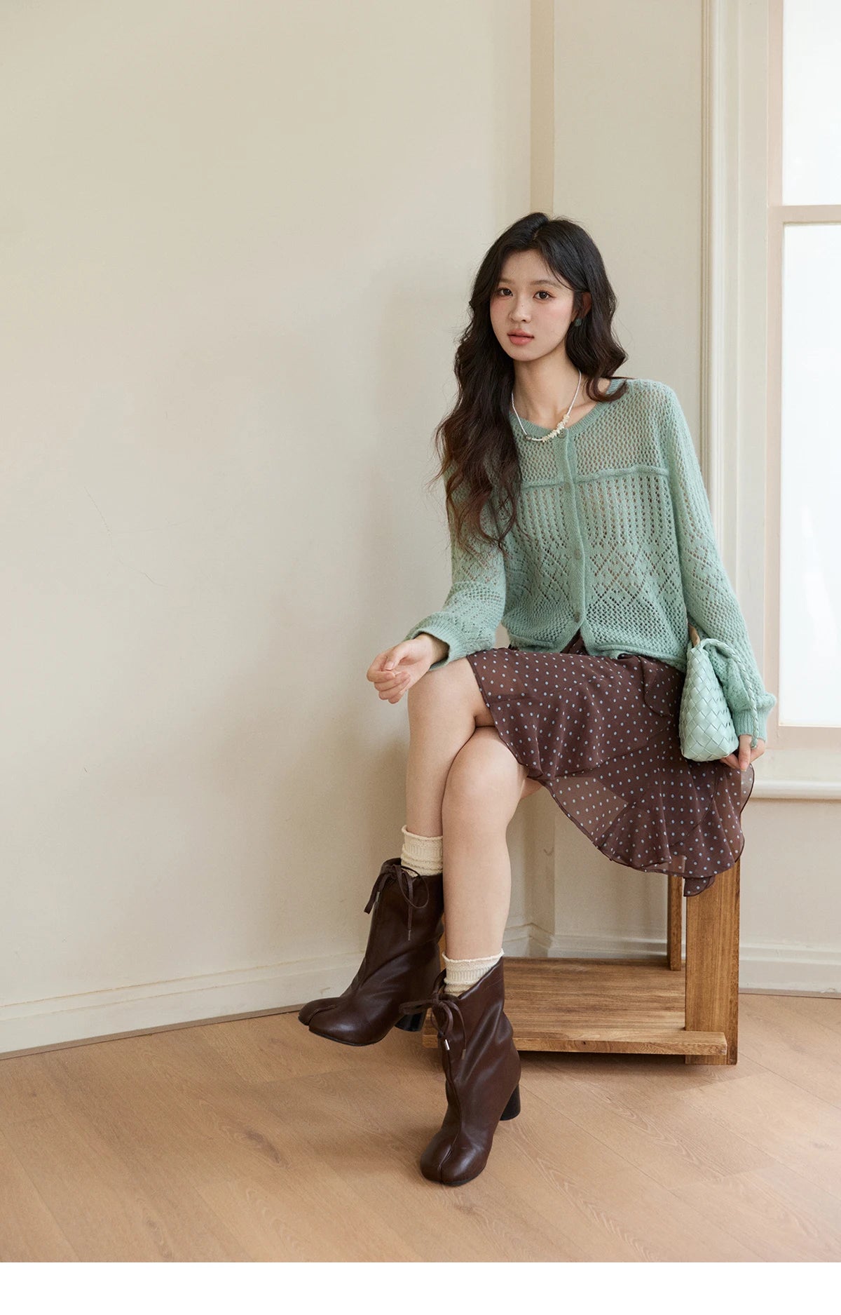 Mishow Mint Green Crew Neck Hollow Cardigan MXF108Z1046