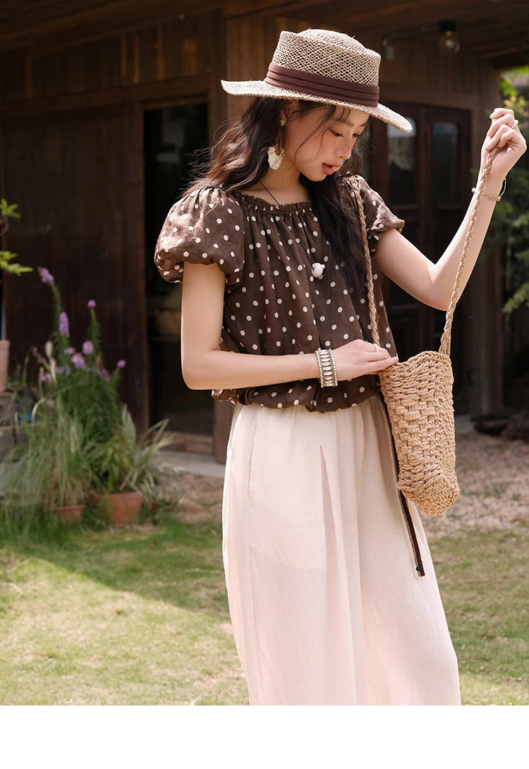 Mishow Polka Dot One Shoulder Puff Sleeve Top & Wide Leg Pants Set MXE38T0683