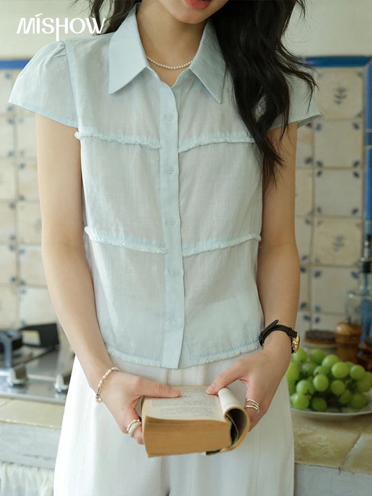 MISHOW Turn-Down Collar Button Shirt Edge Splicing Short Sleeve MXE39C2363