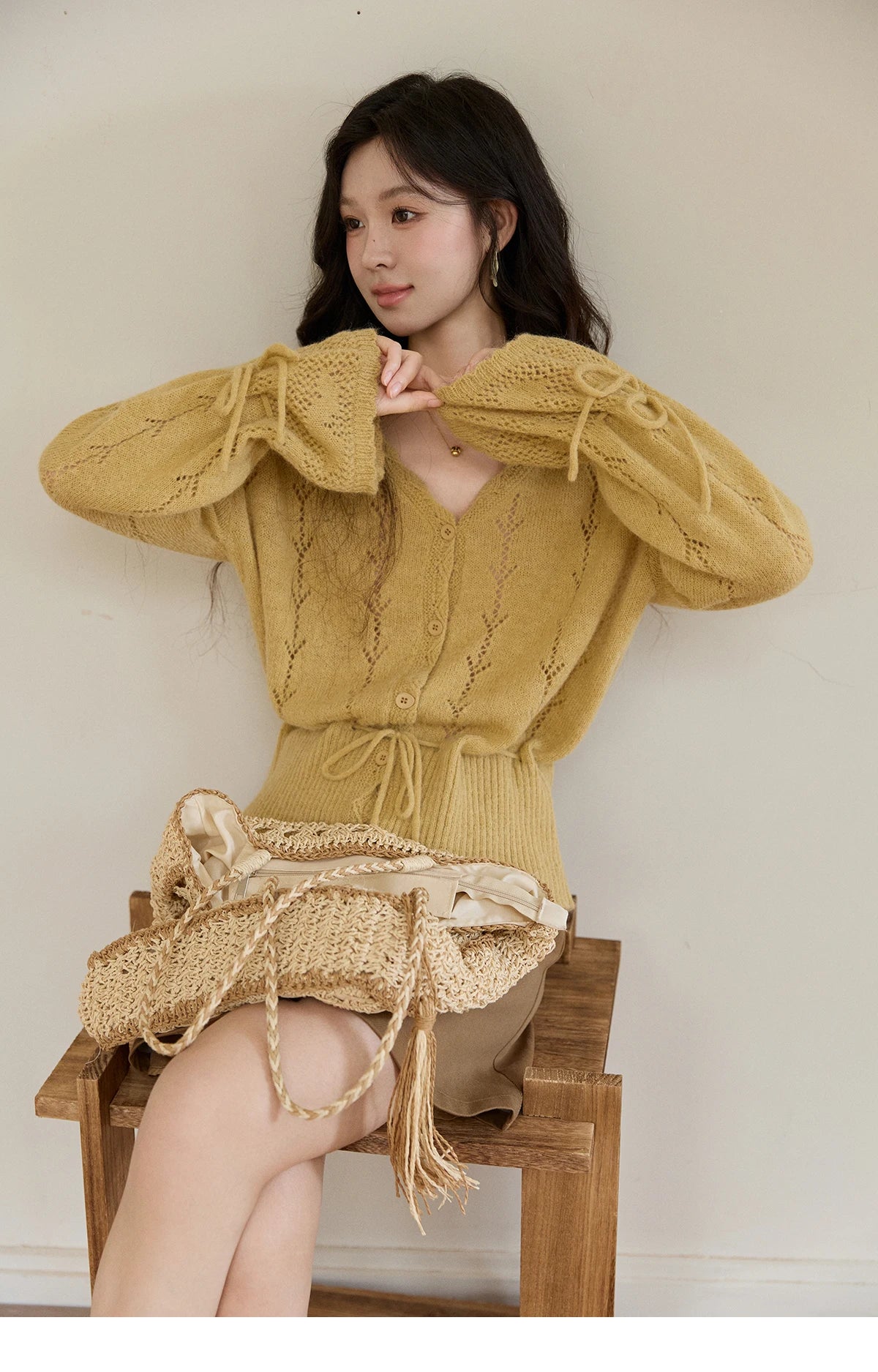 Mishow Yellow Hollow V-Neck Drawstring Cardigan MXF108Z1022