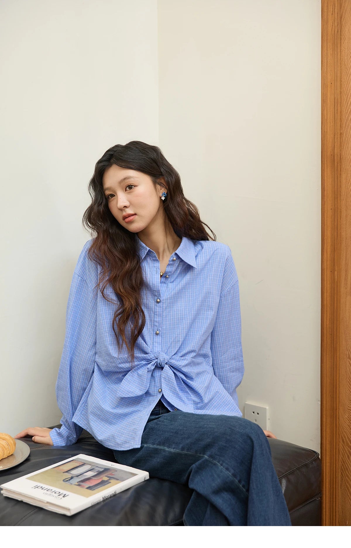 MISHOW Blue Plaid Cotton Shirt Bow Tie Waist Dropped Sleeve MXE44C2395