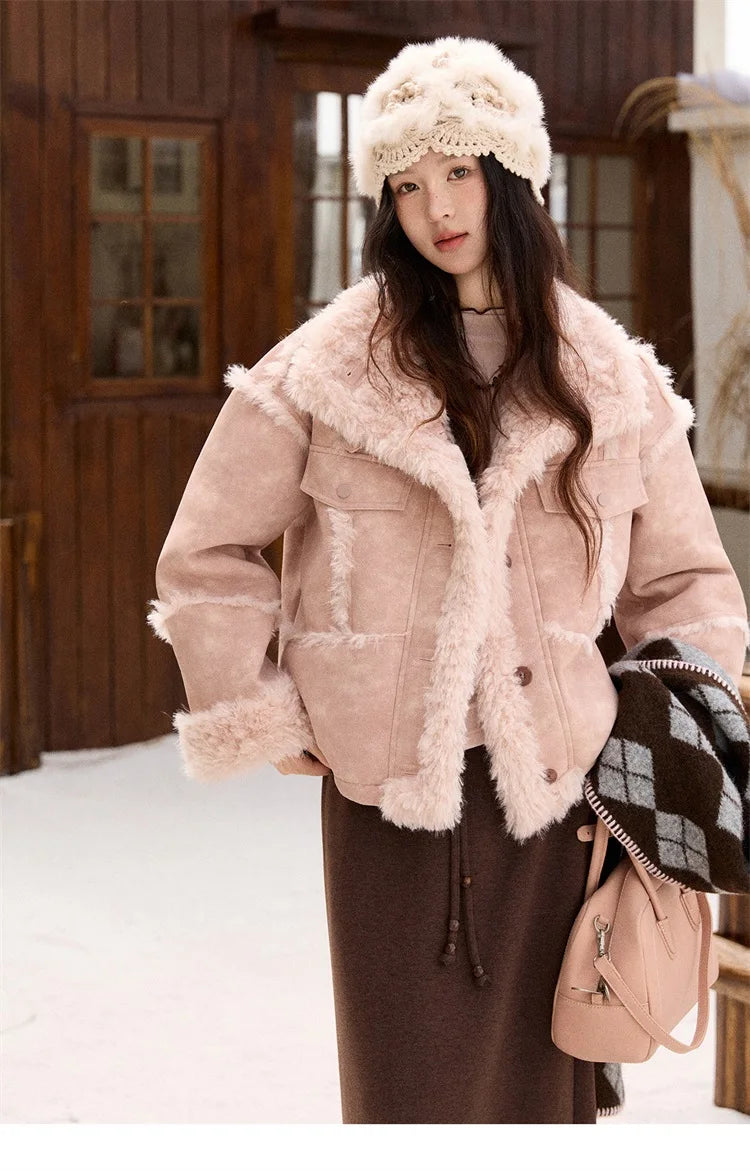 MISHOW Pink Plush Patchwork Coat Stand Collar Windproof MXE51W0911