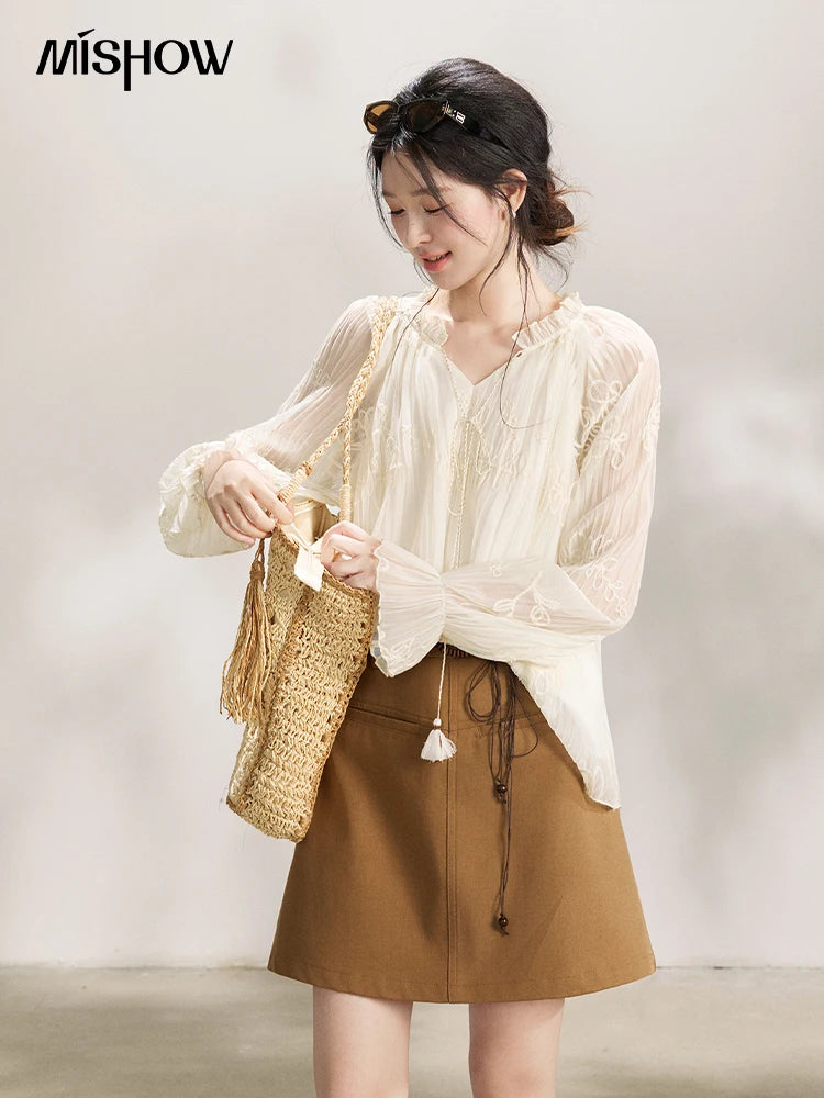 MISHOW Tassel Tie Flower Embroidered Blouse V-Neck Lantern Sleeve MXF13X2525
