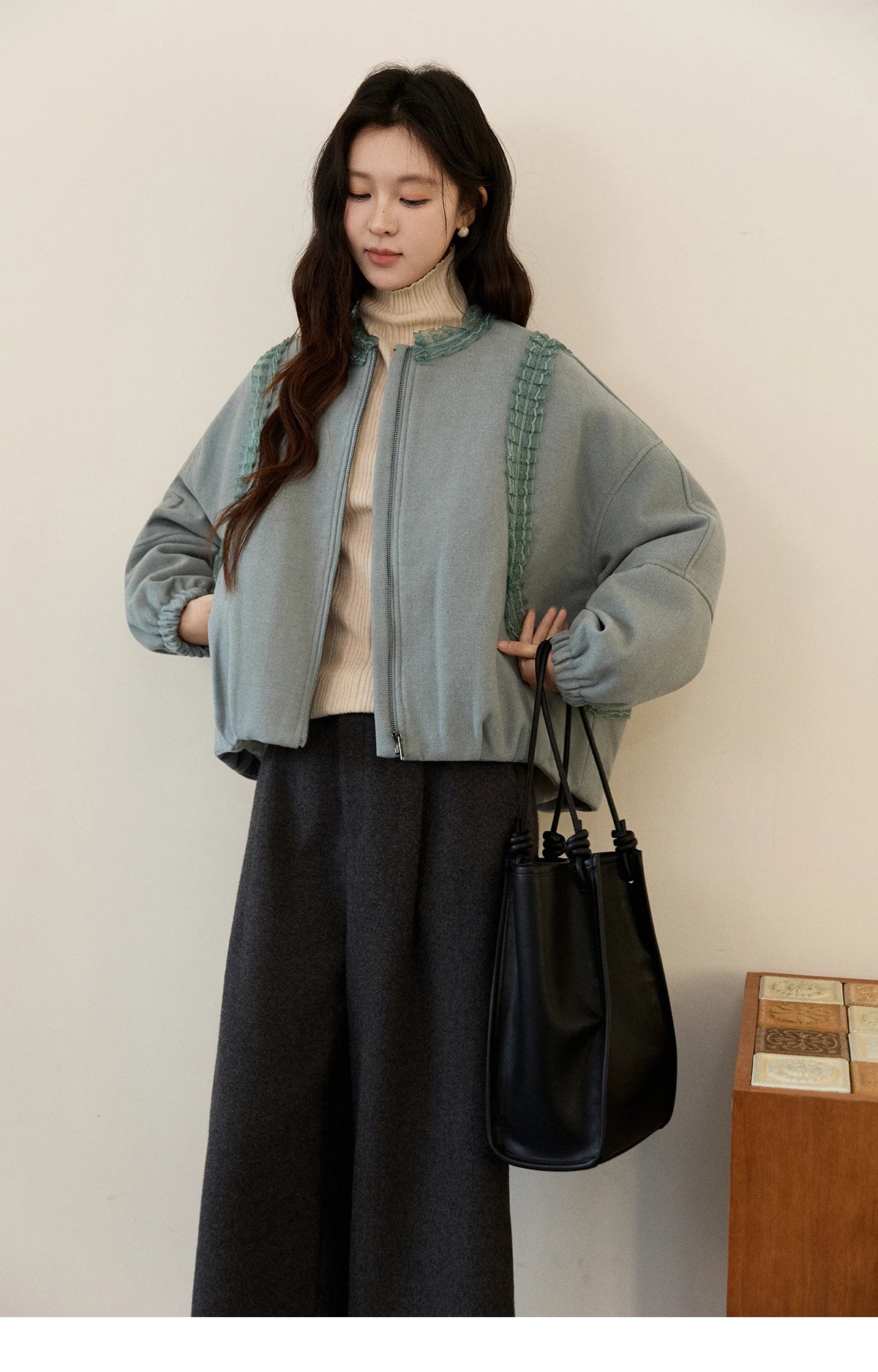 Mishow Light Blue Lace Trim Puff Sleeve Down Coat MXE94W1048