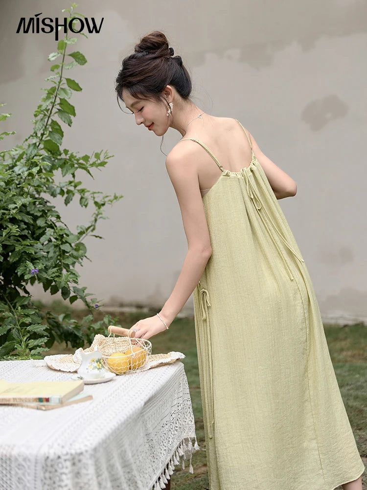 Mishow Irregular Pleated Olive Green Drawstring Dress MXD31L1928