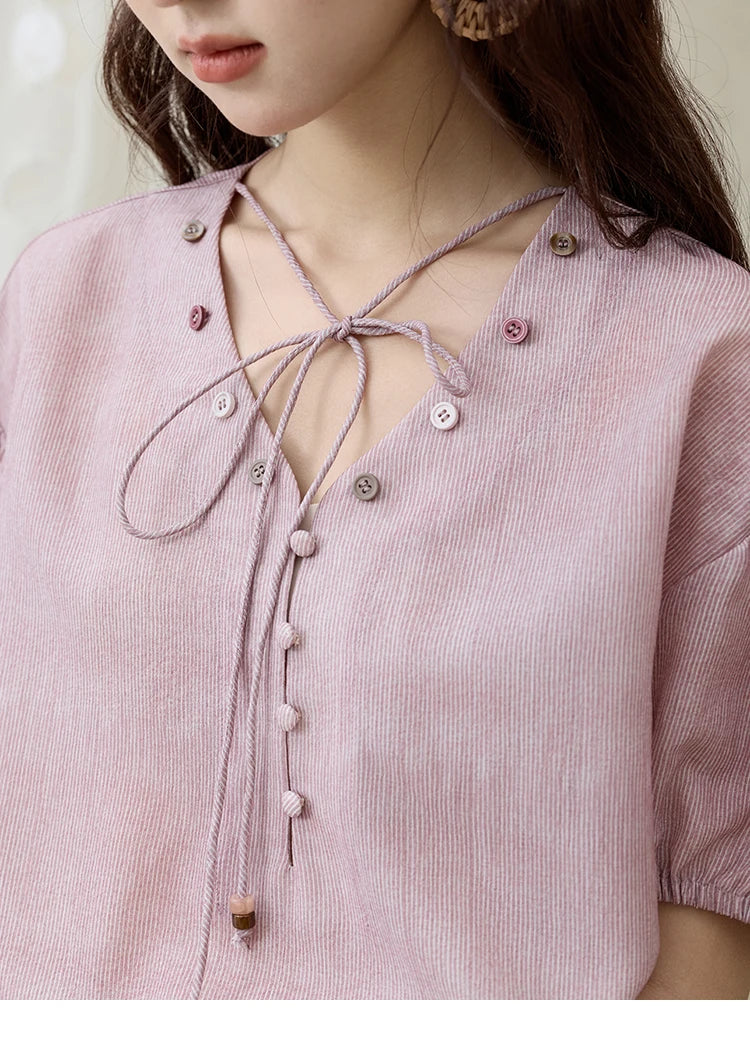 MISHOW Solid V-Neck Blouse Short Puff Sleeve Lace-Up MXE33X1743