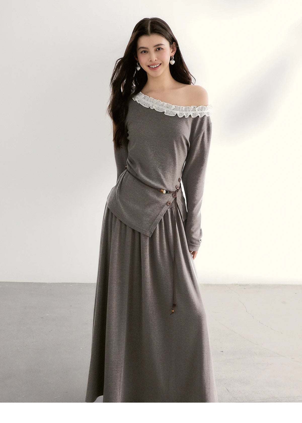 Mishow Grey Off-Shoulder Lace Trim Top & Maxi Skirt Set MXF13T1479