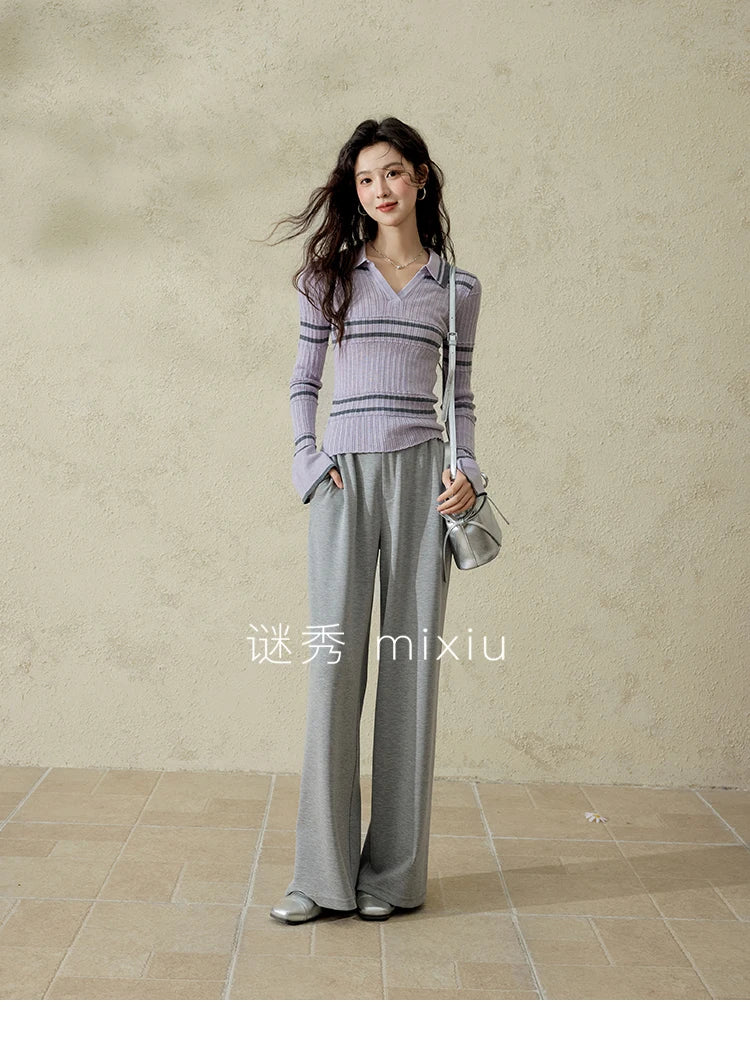 Mishow Contrast Color Striped V-Neck Trumpet Sleeve Top MXE13Z1141
