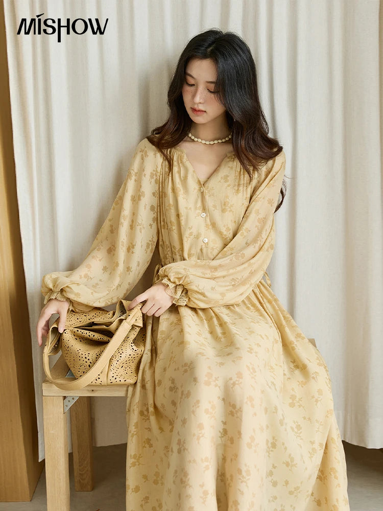 MISHOW Yellow Print Lace Lantern Sleeve Dress MXE47L2527
