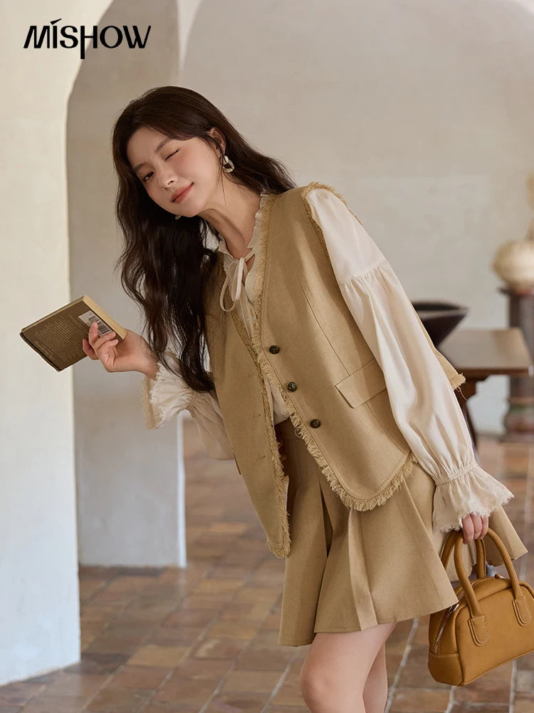 Mishow Khaki Selvedge Vest & Pleated Skirt Set MXE41T0690