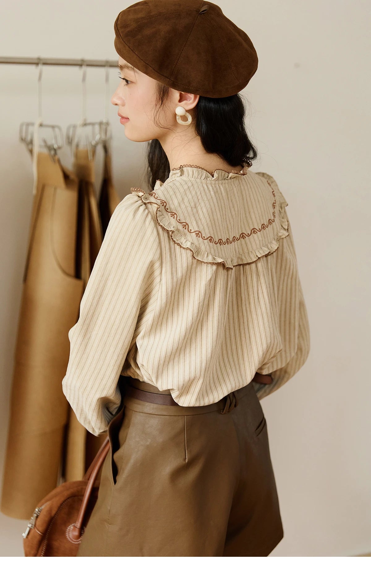 MISHOW Striped Shirt Wood Ear Edge Round Neck Embroidery MXE46X2492