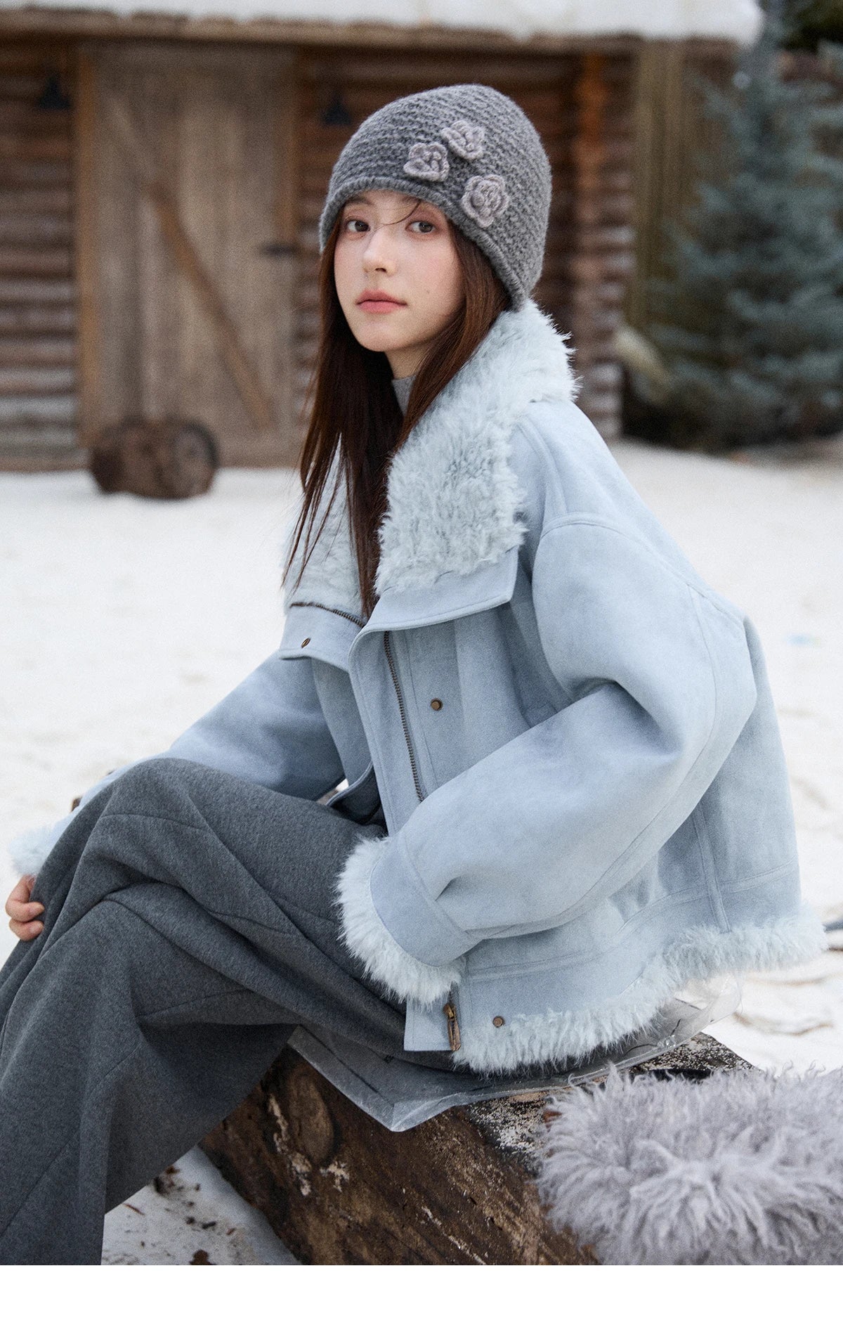 MISHOW Blue Plush Jacket Turn-Down Collar Zip-Up Loose MXE87W0917