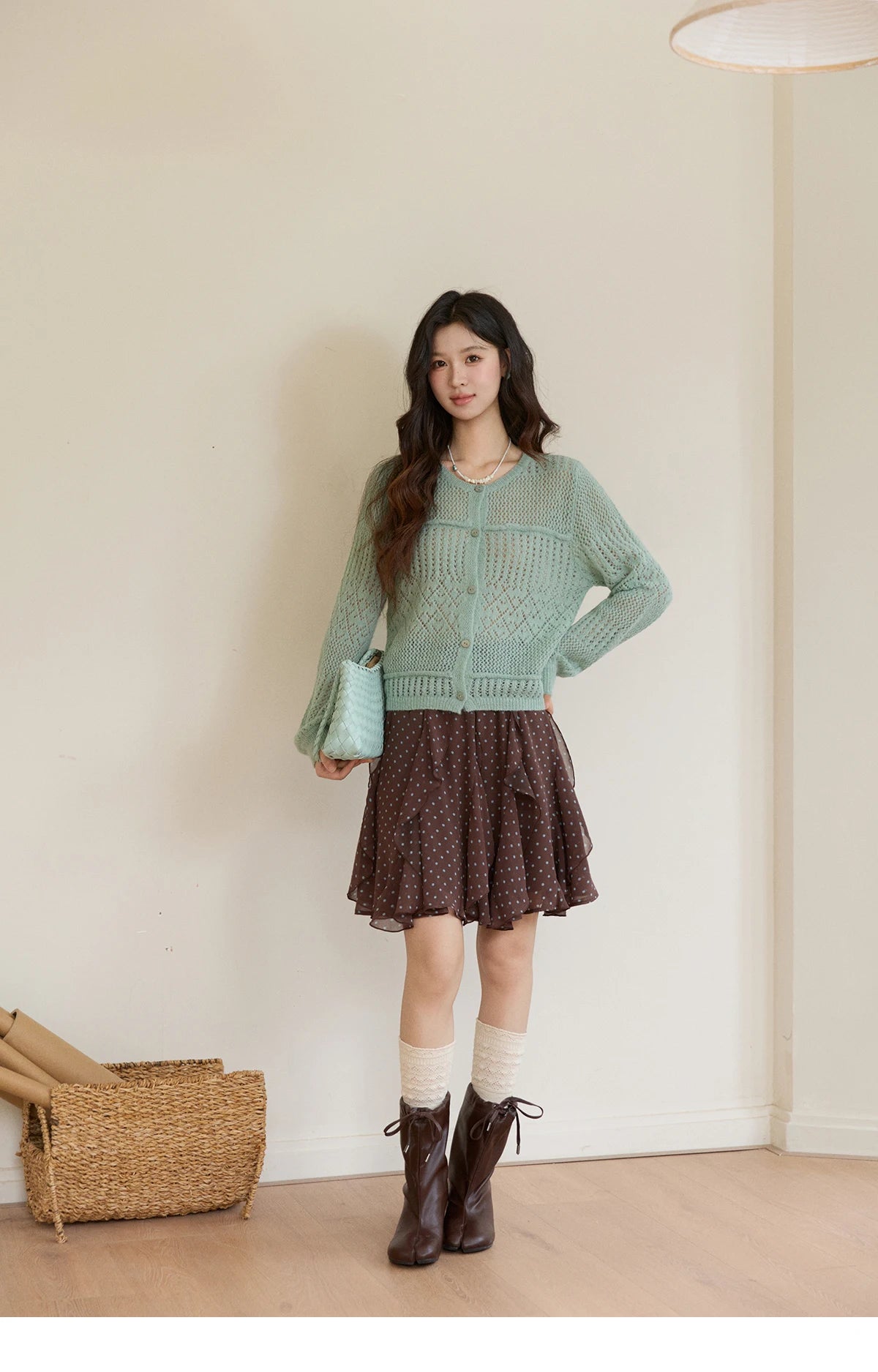 Mishow Brown Polka Dot Ruffled Chiffon Mini Skirt MXF13B2476