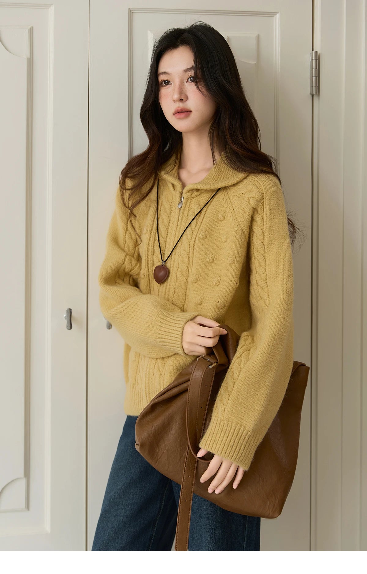Mishow Yellow Zipper Turn-Down Collar Cardigan MXE49Z2619