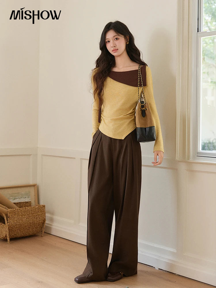 Mishow Yellow Brown Contrast Oblique Collar Knit Top MXF11Z2911