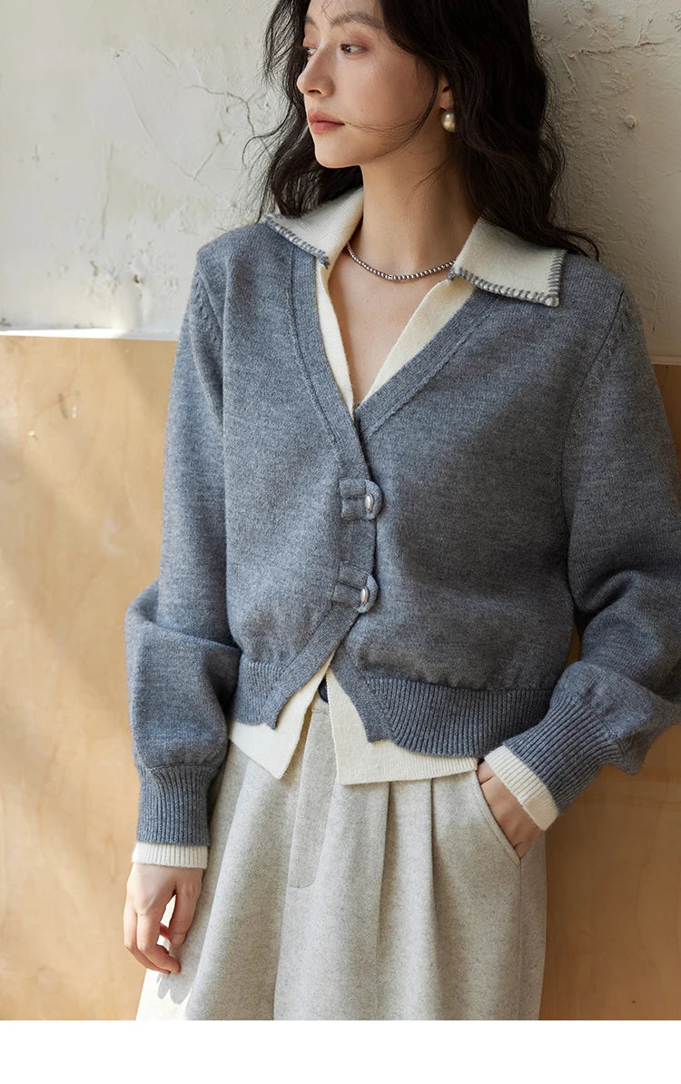 Mishow Fake Two-Piece Splicing V-Neck Cardigan MXD41Z0712