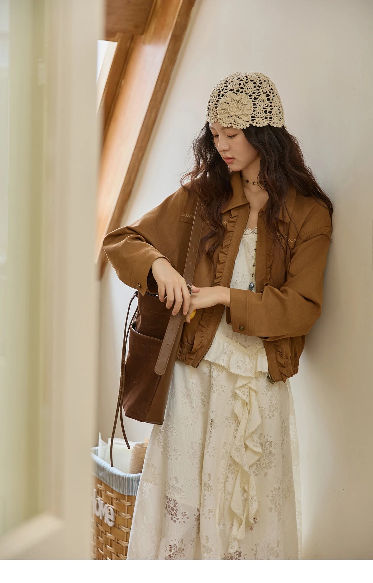 MISHOW Brown Suede Short Coat Fungus Edge Pleating Lapel Zipper MXE43W0803