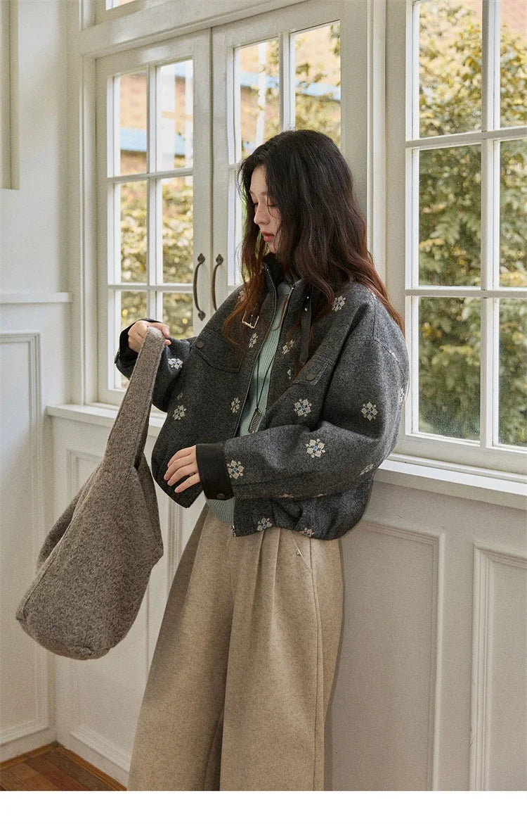 MISHOW Wool Blend Jacket Small Flower Embroidery Turtleneck Zipper MXE86W0906