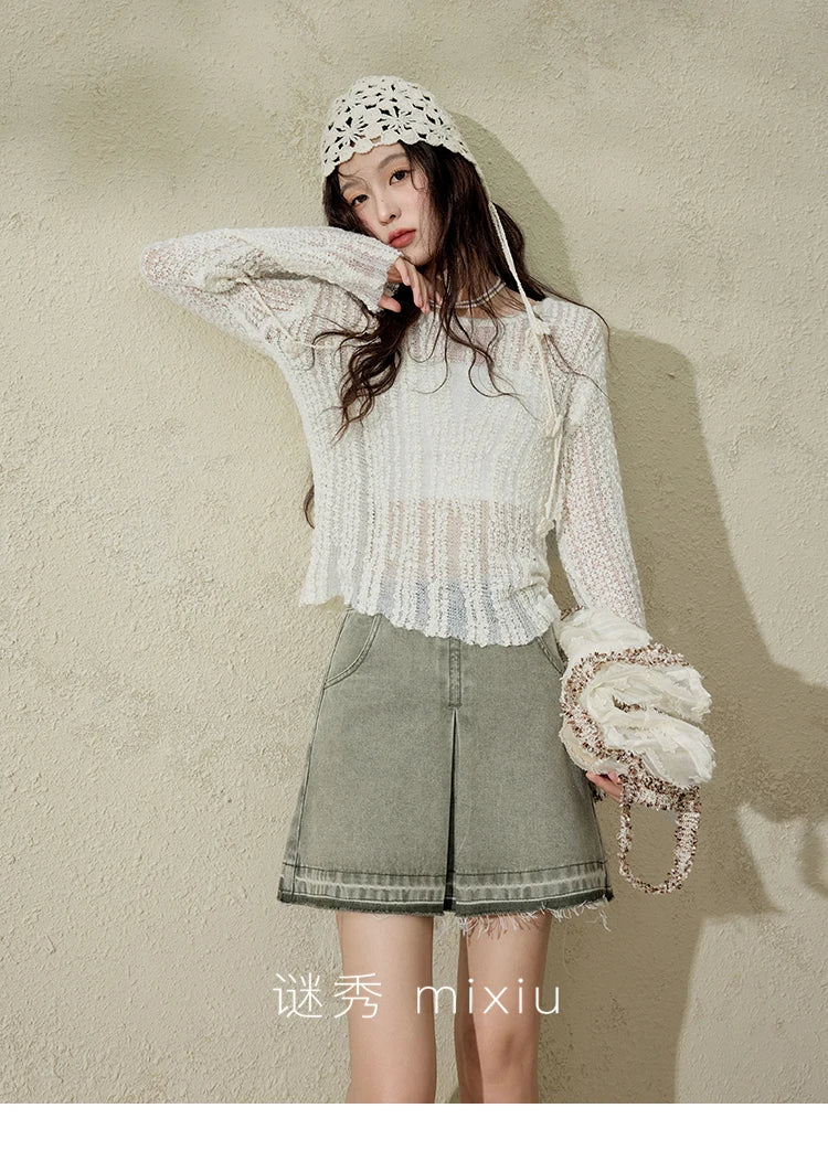 Mishow Apricot White Hollow Mohair Drop Sleeve Top MXE12Z1120